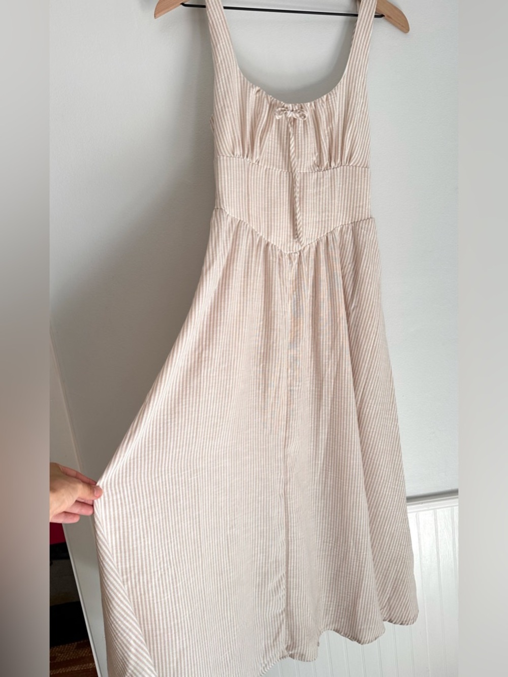 Beige Striped Dress Drop Waist Midi Dress Size Small